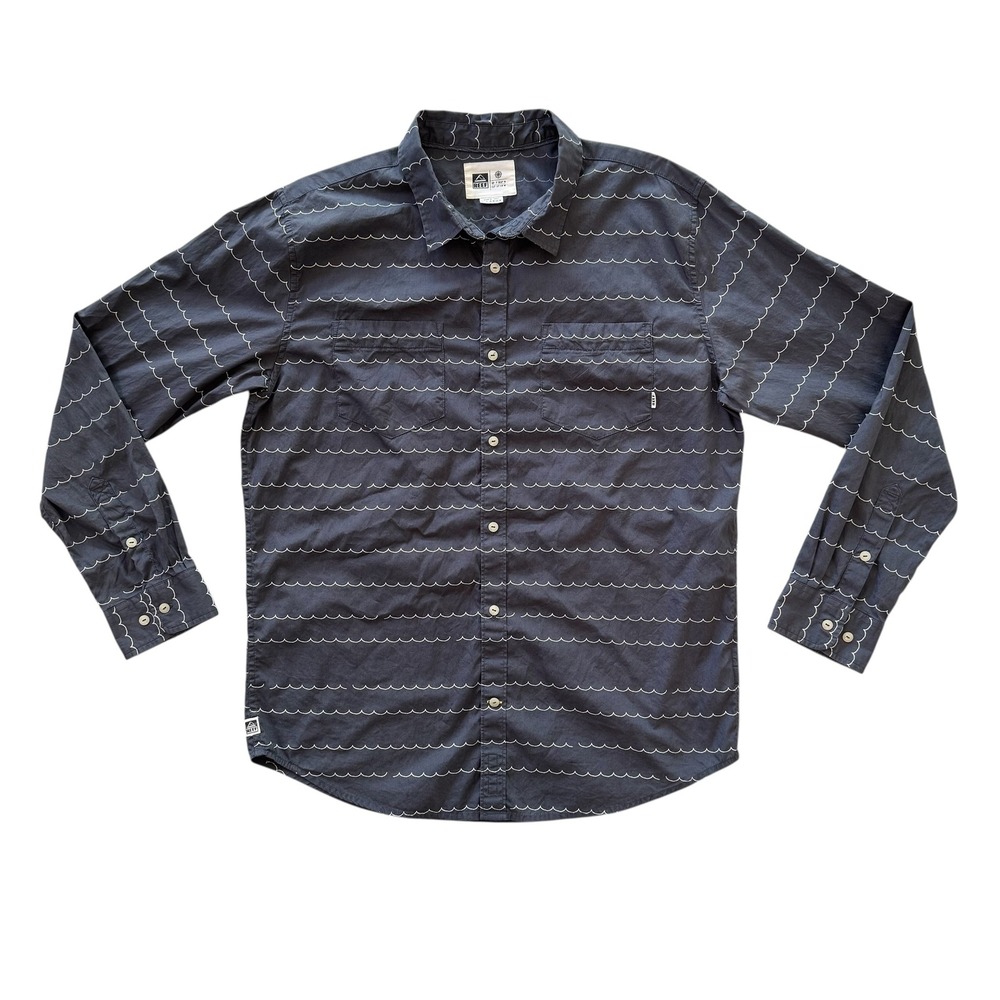 Reef XL Gray White Wave Print Button Up Long Sleeve Casual‎ Men's Shirt - Picture 2 of 12